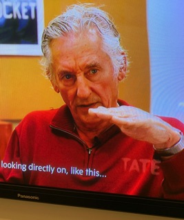 Looking directly on, like this.......
 Ed Ruscha